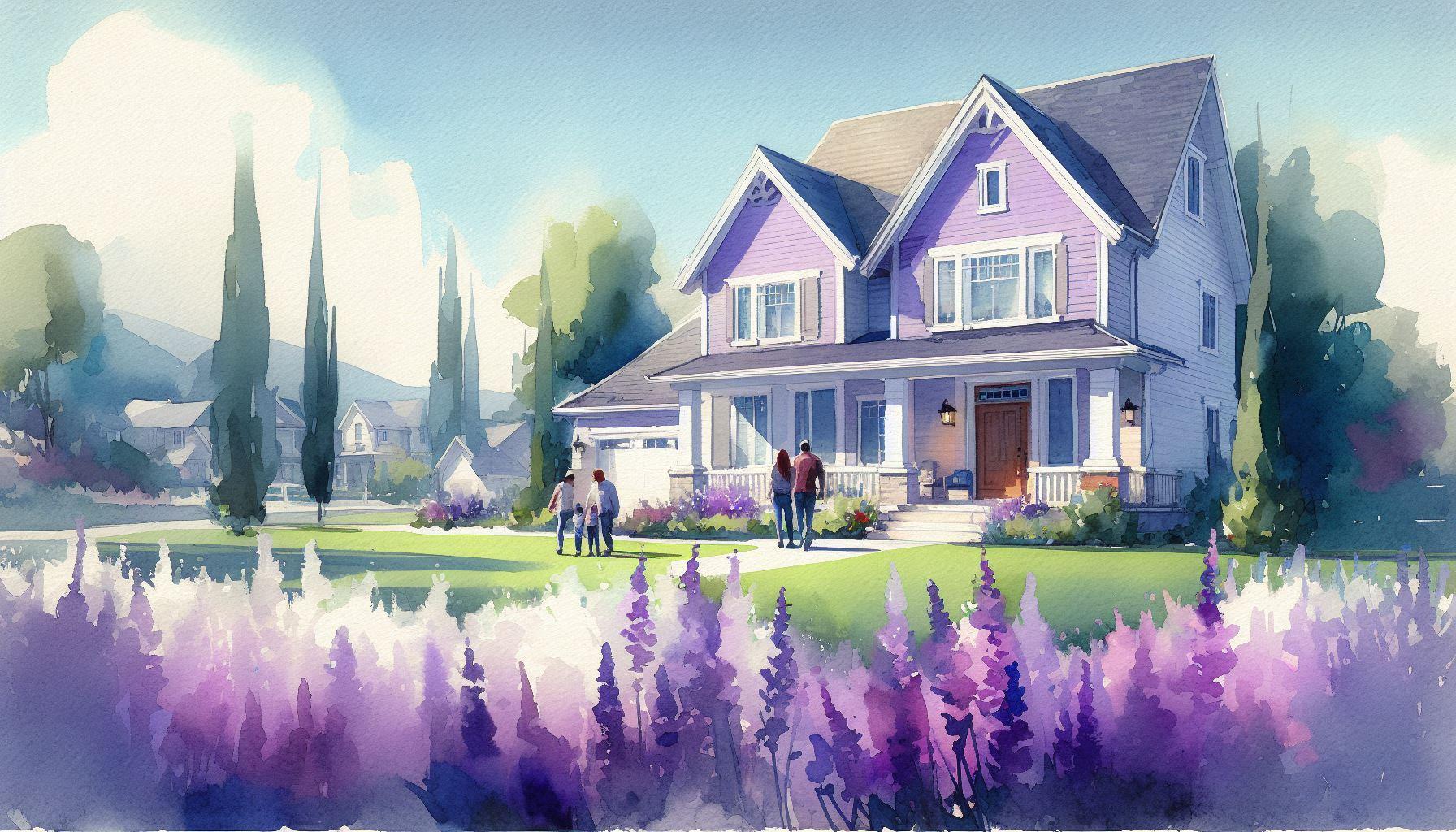 Watercolor painting of a two-story house with people in front, lavender plants in the foreground.